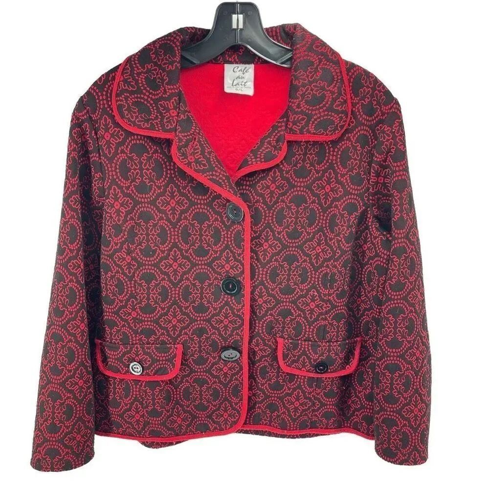 Cafe Au Lait Womens Vintage Blazer Jacket Patterned Button Up Black Red Large
